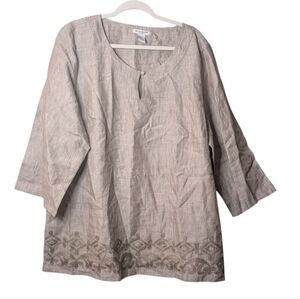 Alexandra Bartlett 100% Linen Tunic Blouse Neutral Embroidery 3X  Boho lagonlook